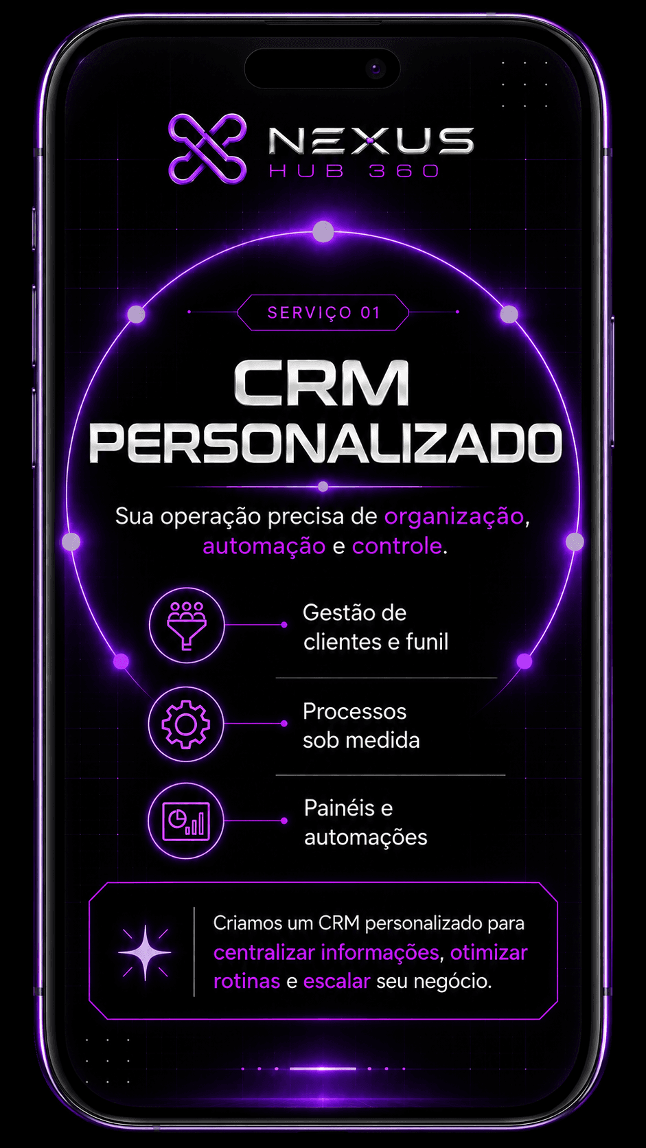 Apresentação visual do serviço de CRM personalizado da Nexus Hub 360